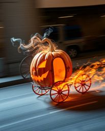 A captivating high-resolution stock photo depicts a magical pumpkin dynamically transforming into a carriage. The image show