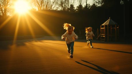 Experience a visually stunning slow-motion run through a playground bathed in high-contrast, low-key lighting with a warm gol
