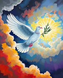 A captivating bold acrylic painting depicts a dove carrying an olive branch amidst stormy skies.  The artwork features vibran