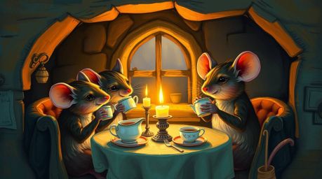 A vibrant digital painting depicts anthropomorphic mice enjoying a delightful tea party within a charming cottage.  Warm cand