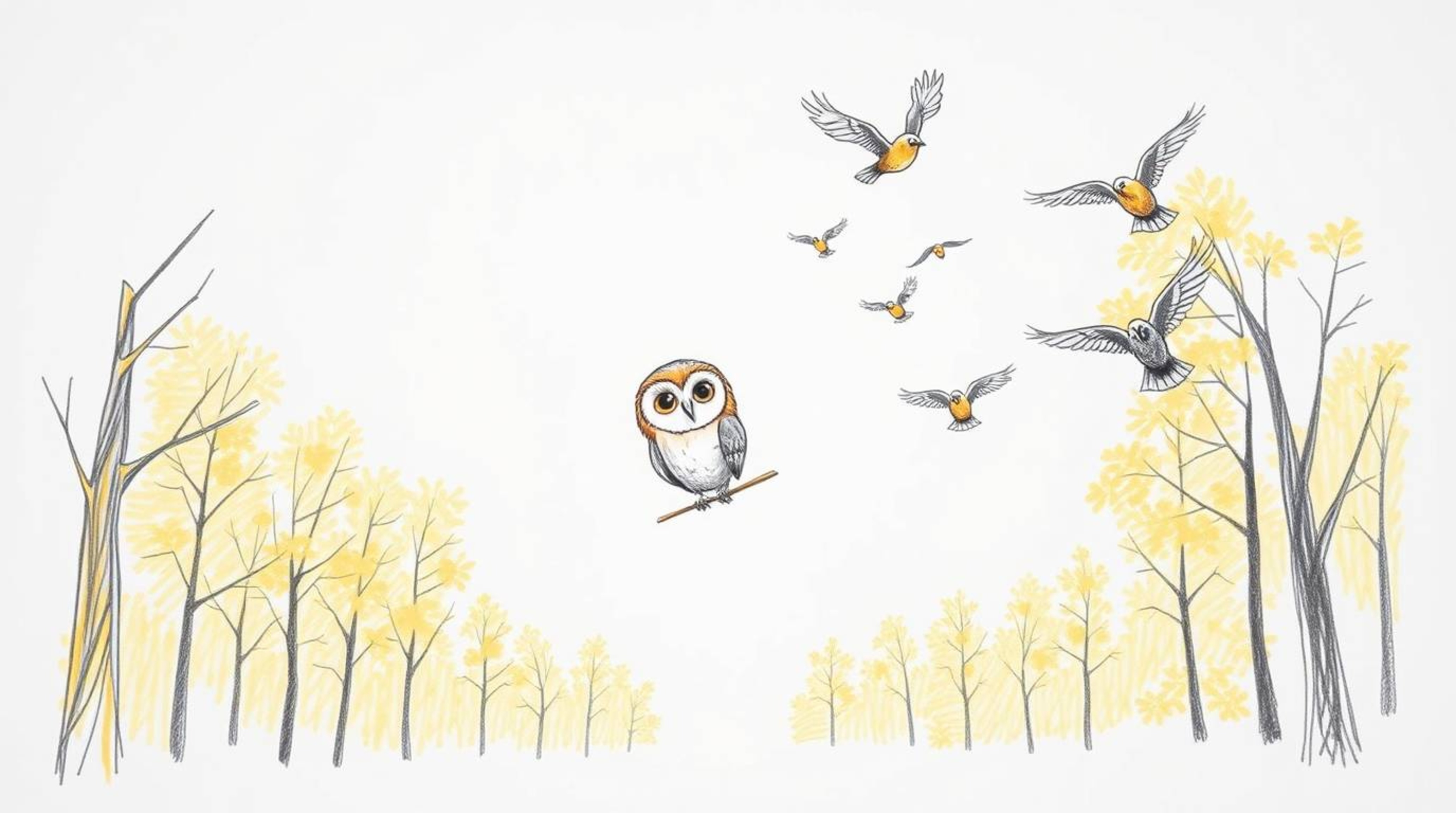 A captivating hand-drawn sketch in the style of Pixar, depicting a serene blind owl with soft plumage guiding a vibrant flock