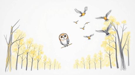 A captivating hand-drawn sketch in the style of Pixar, depicting a serene blind owl with soft plumage guiding a vibrant flock