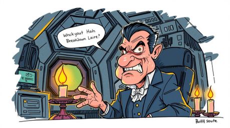 A quirky villain, caricatured in style, suffers a hilariously relatable meltdown within a hand-drawn sketch of their high-tec