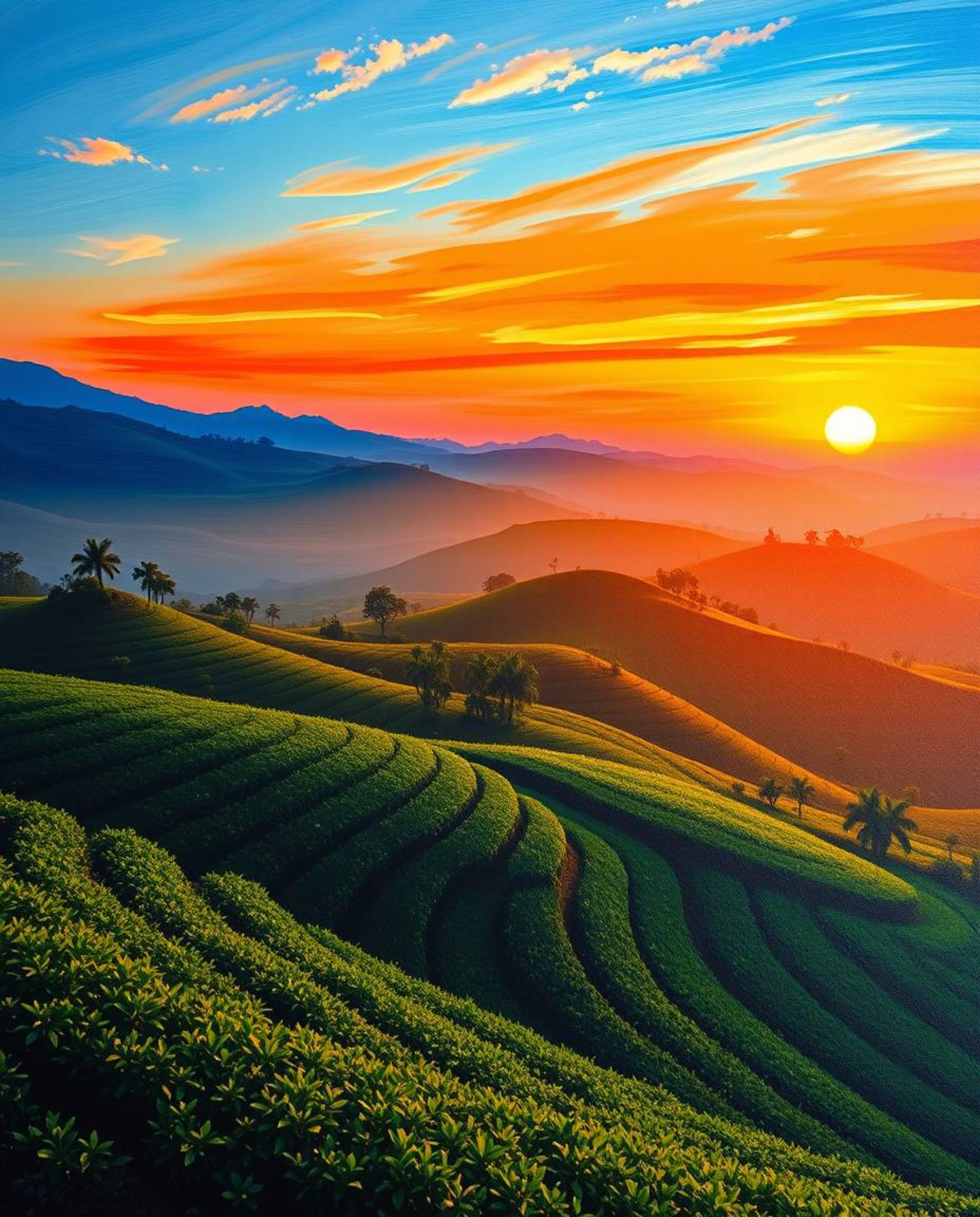 This is a bold acrylic painting capturing a sunset over terraced tea plantations from an overhead perspective. The artwork is