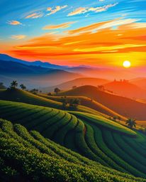This is a bold acrylic painting capturing a sunset over terraced tea plantations from an overhead perspective. The artwork is