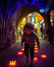 This candid street photography shot captures a captivating scene of a child with dark eyes and windblown hair, seemingly entr