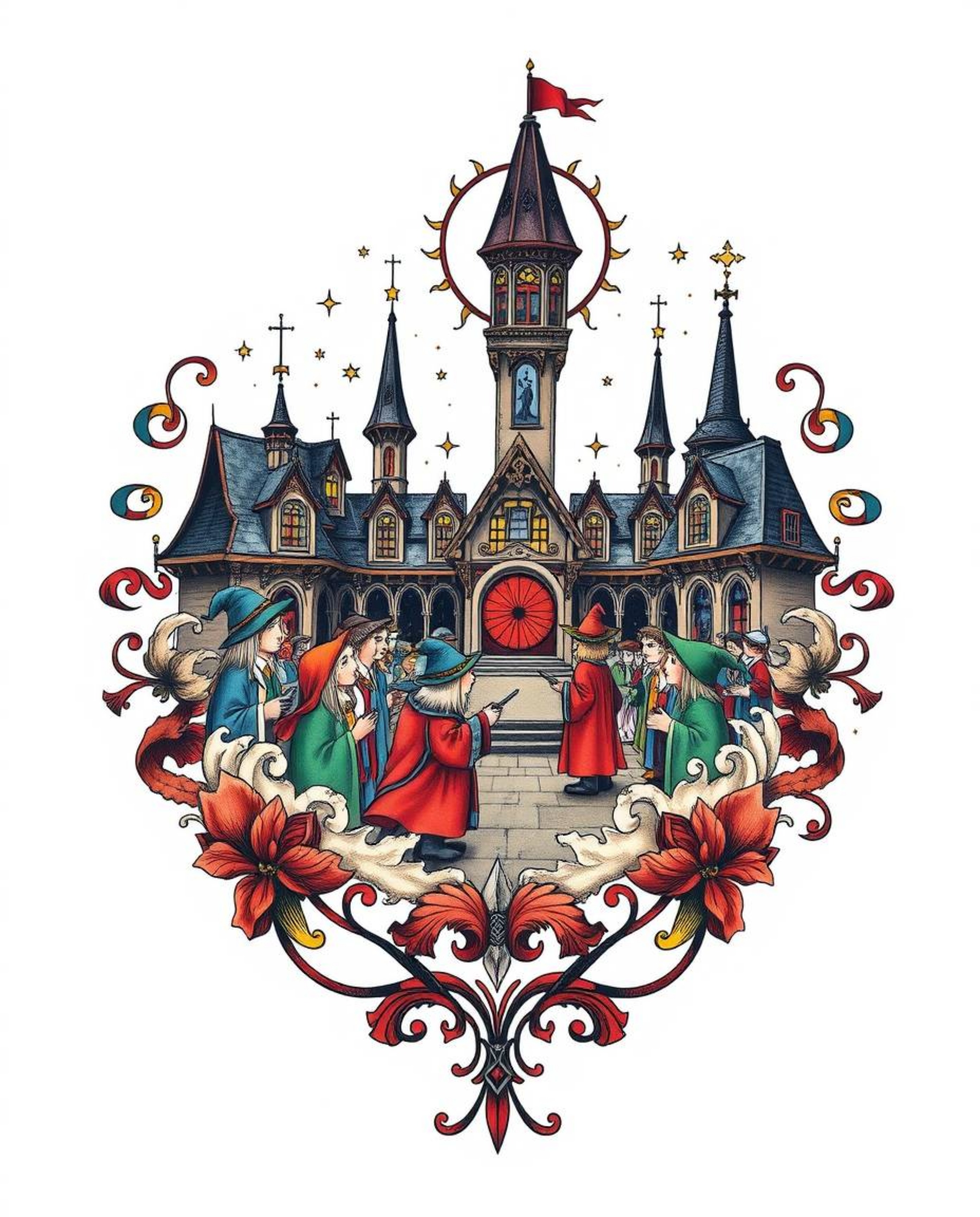 This symbolic traditional tattoo art print captures the enchanting atmosphere of a magical school brimming with young wizards