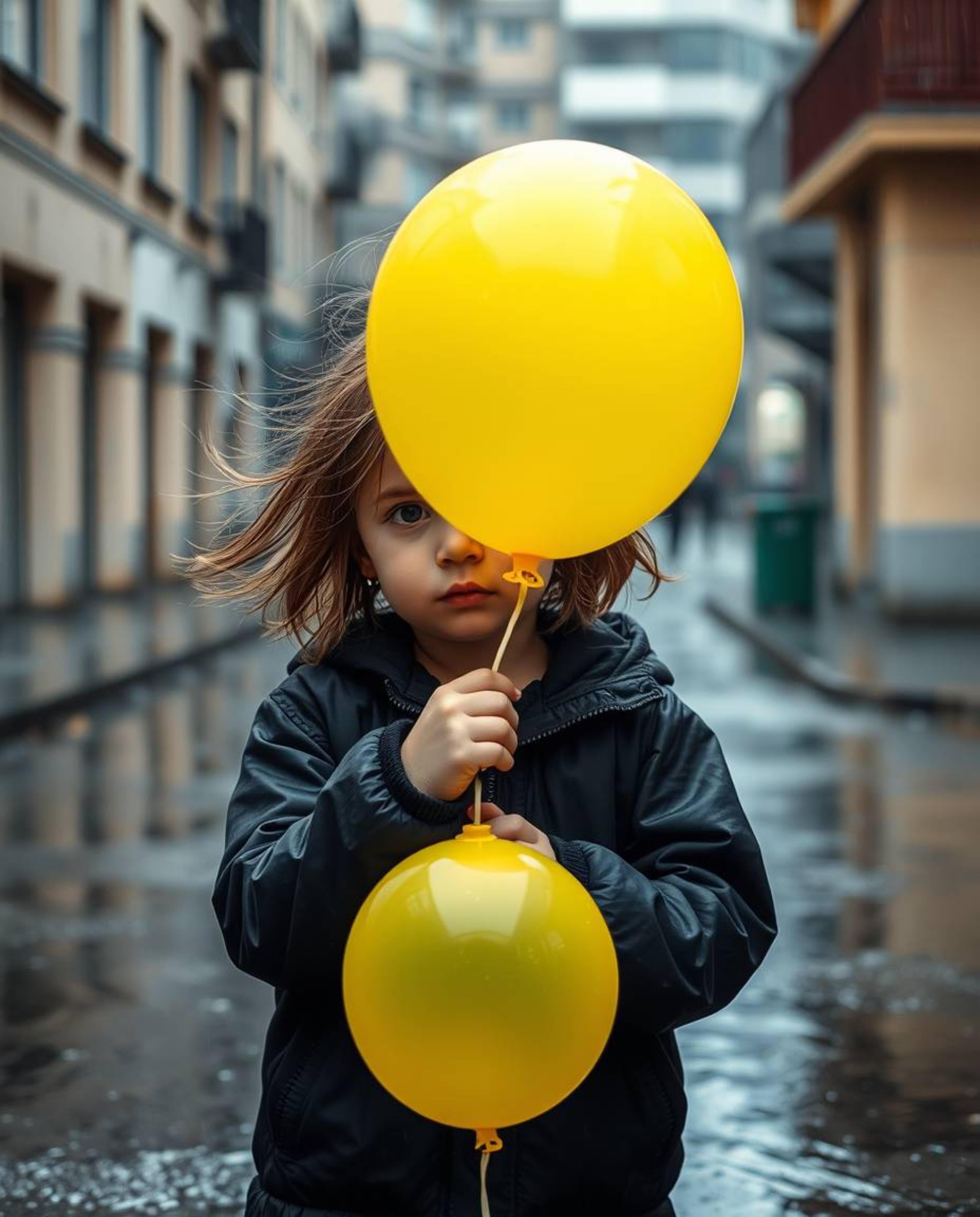 A captivating image featuring a child with windblown hair clutching a vibrant yellow balloon amidst a wet and rainy scene. Dr