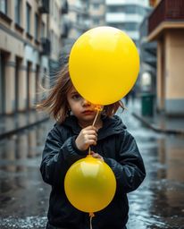 A captivating image featuring a child with windblown hair clutching a vibrant yellow balloon amidst a wet and rainy scene. Dr
