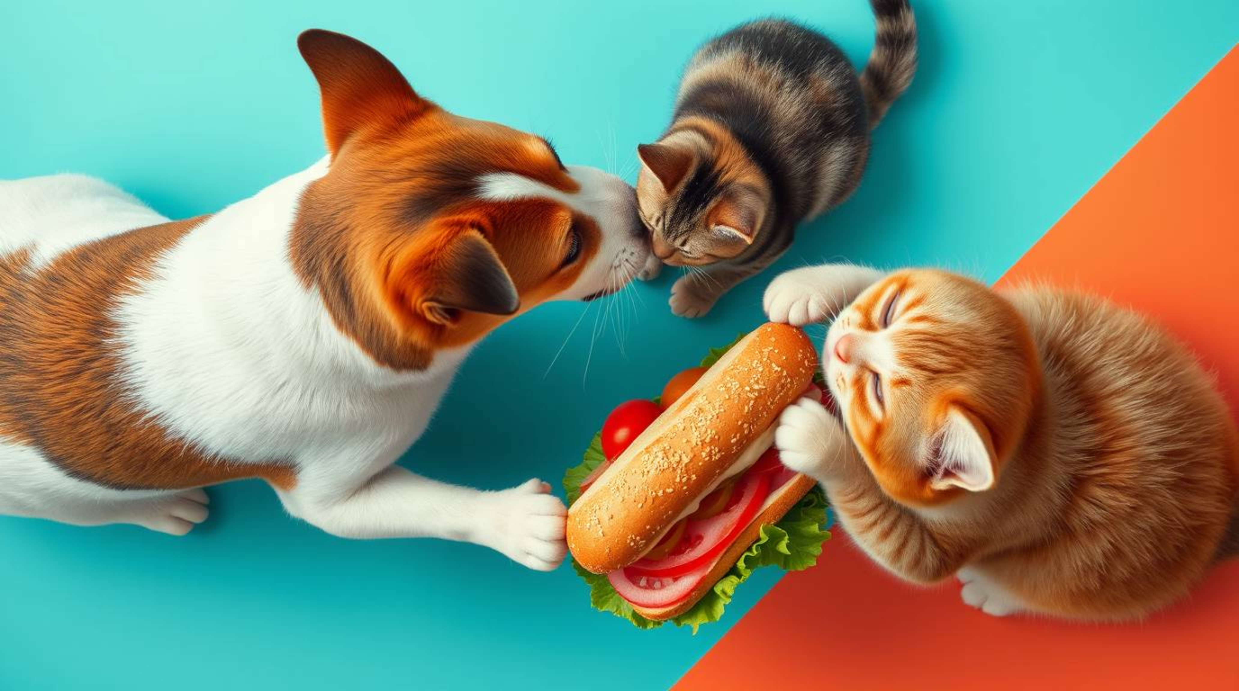 A vibrant overhead photograph captures a comical scene: a dog and cat locked in a playful struggle over a giant sandwich. The