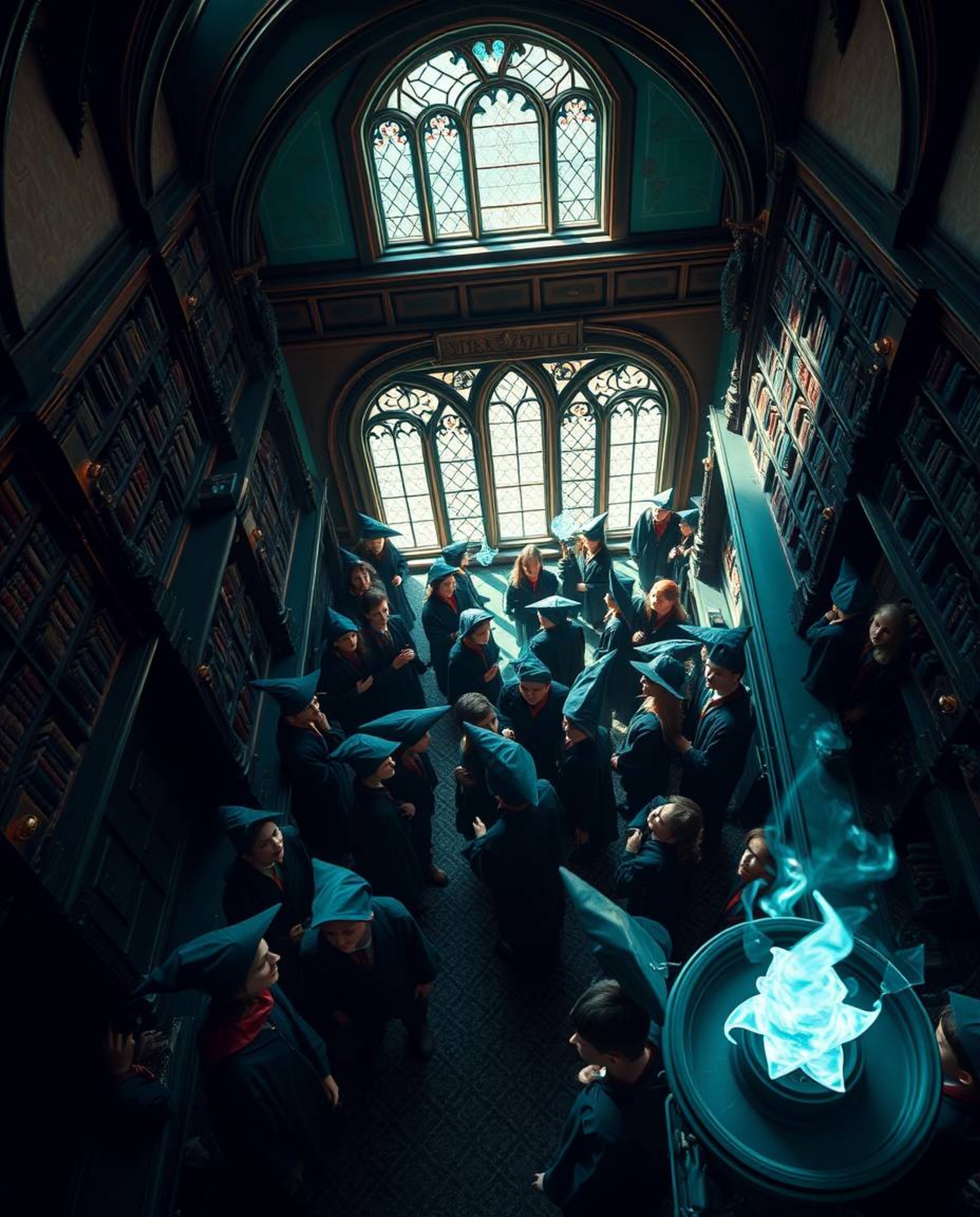 Explore a captivating magical school filled with young wizards, presented from a stunning high-angle perspective. Rendered in