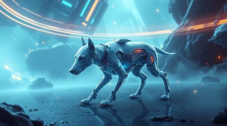Explore a mystic and enchanting space with a futuristic dog taking a self-guided walk in this captivating sci-fi artwork. Ren