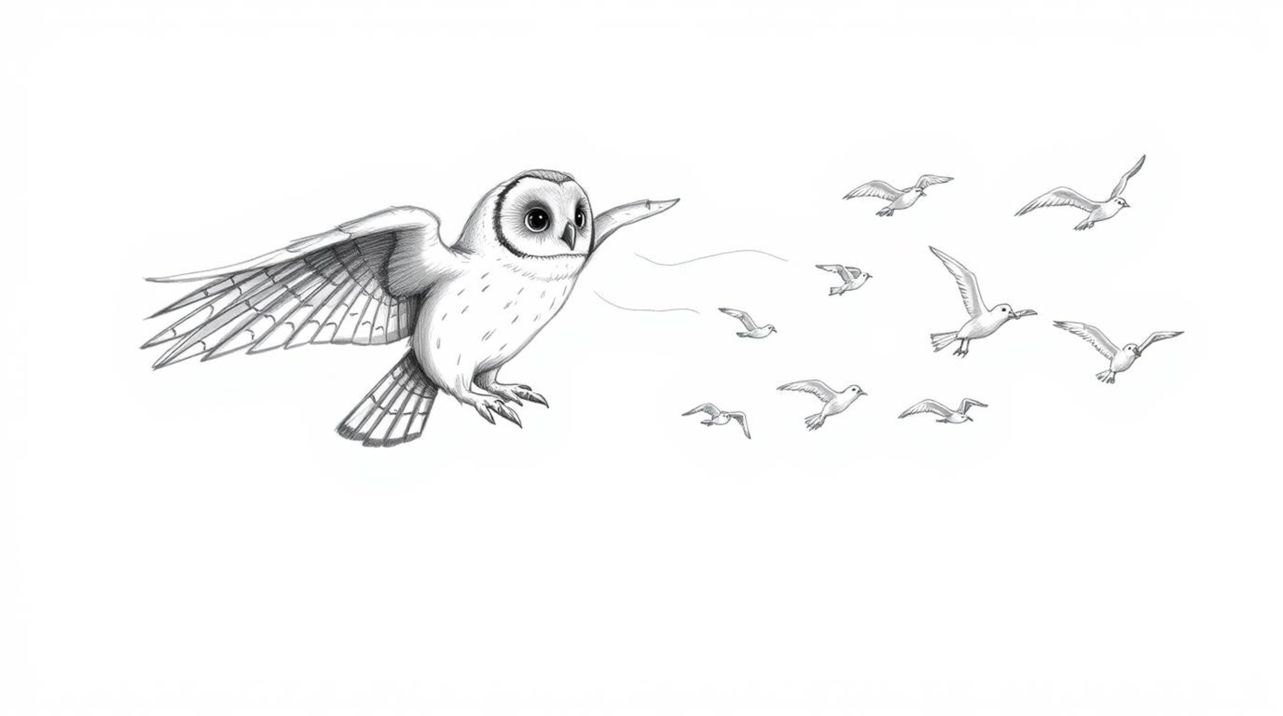 A whimsical, hand-drawn sketch reminiscent of Pixar's iconic style features a blind owl in mid-flight, leading a flock of bir