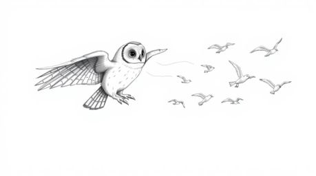 A whimsical, hand-drawn sketch reminiscent of Pixar's iconic style features a blind owl in mid-flight, leading a flock of bir