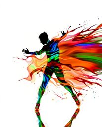 Explore a captivating modern art piece featuring a human silhouette brought to life by vibrant, colorful splash patterns. Thi