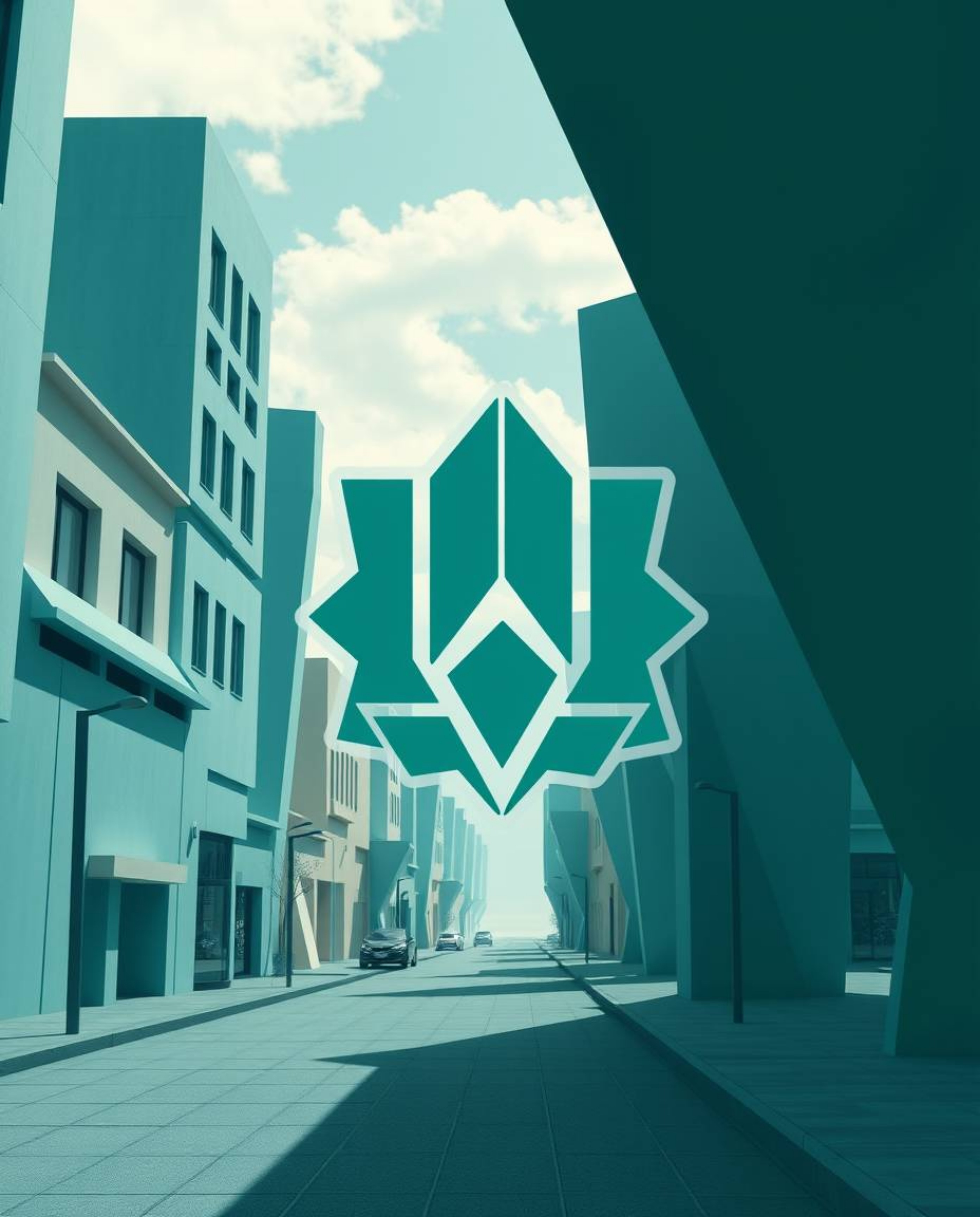 A luxurious deep teal logo featuring a surreal street scene with buildings folding and twisting into geometric shapes and cle