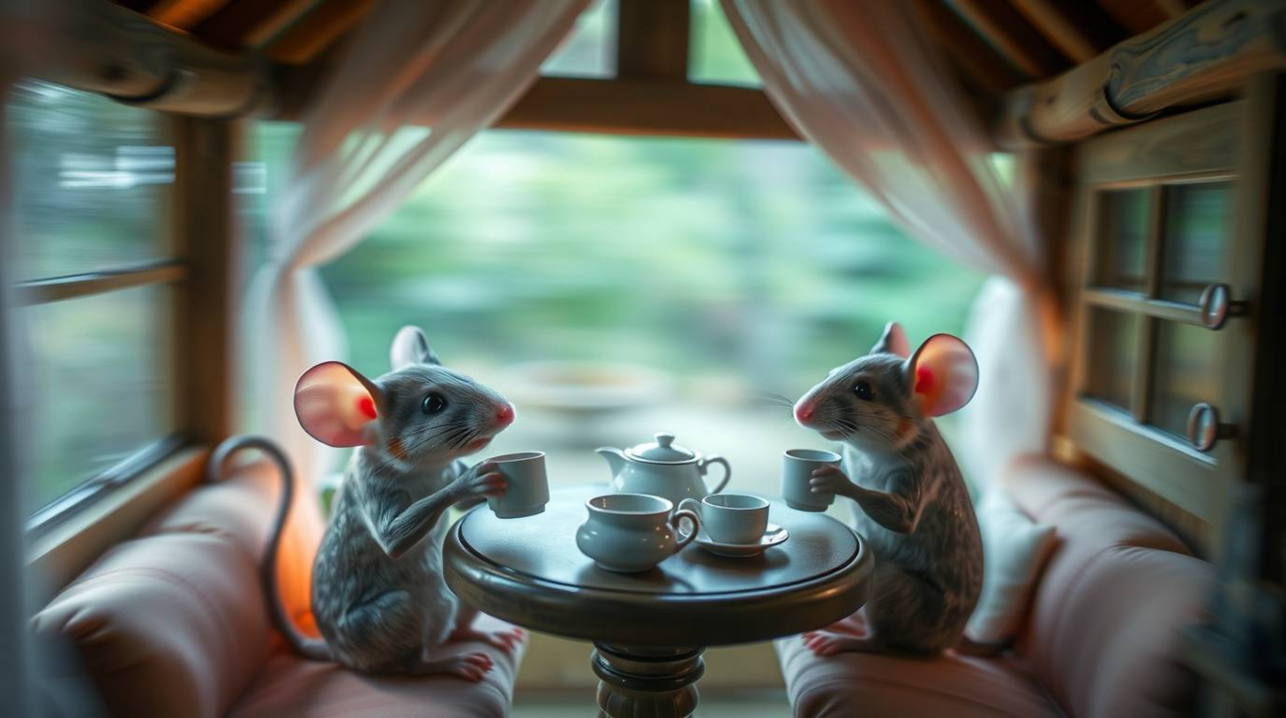 Experience the whimsical charm of anthropomorphic mice enjoying a delightful tea party in a cozy cottage.  This long exposure