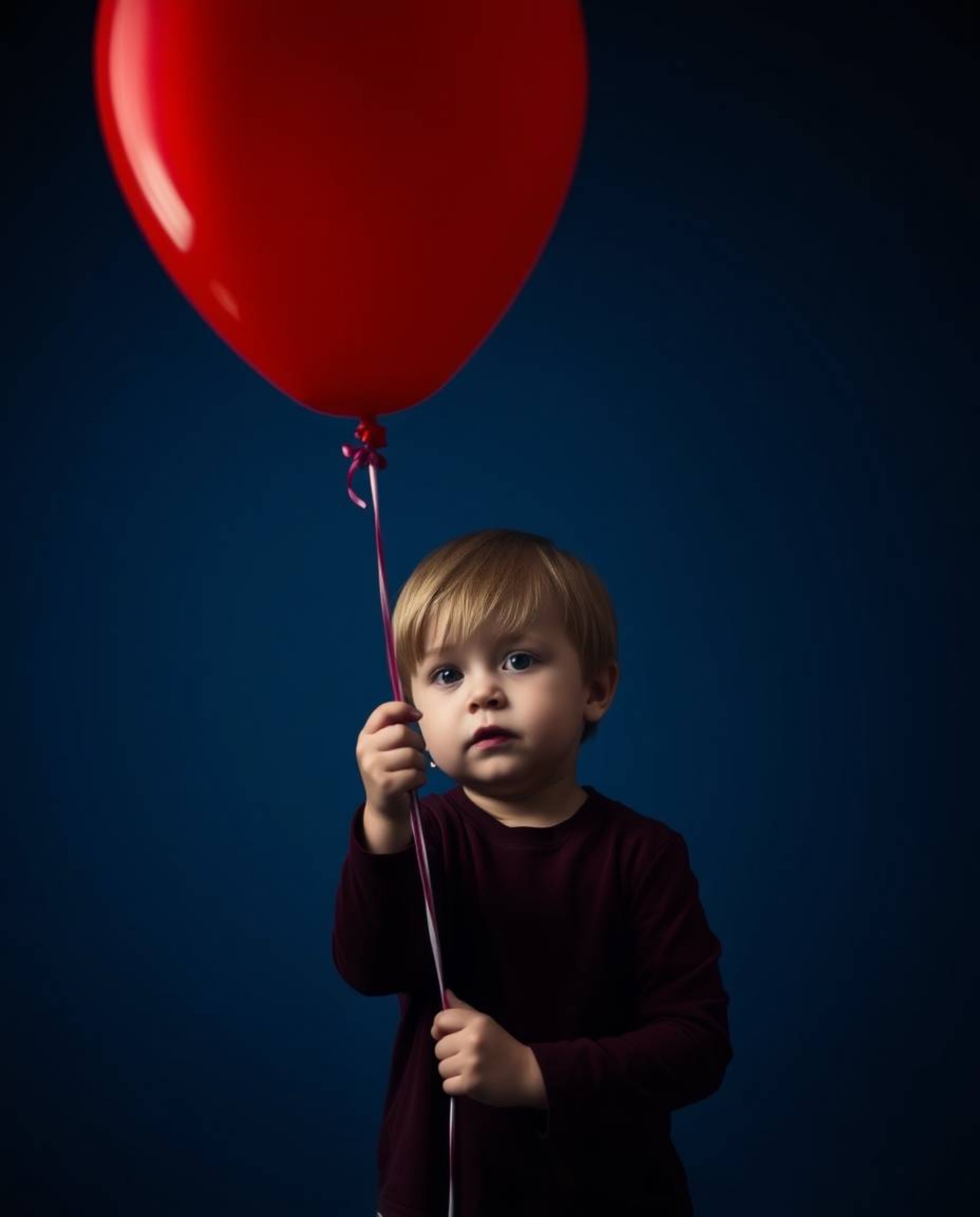 A sophisticated and elegant fine art photograph capturing a child holding a balloon. The artwork features rich burgundy and d