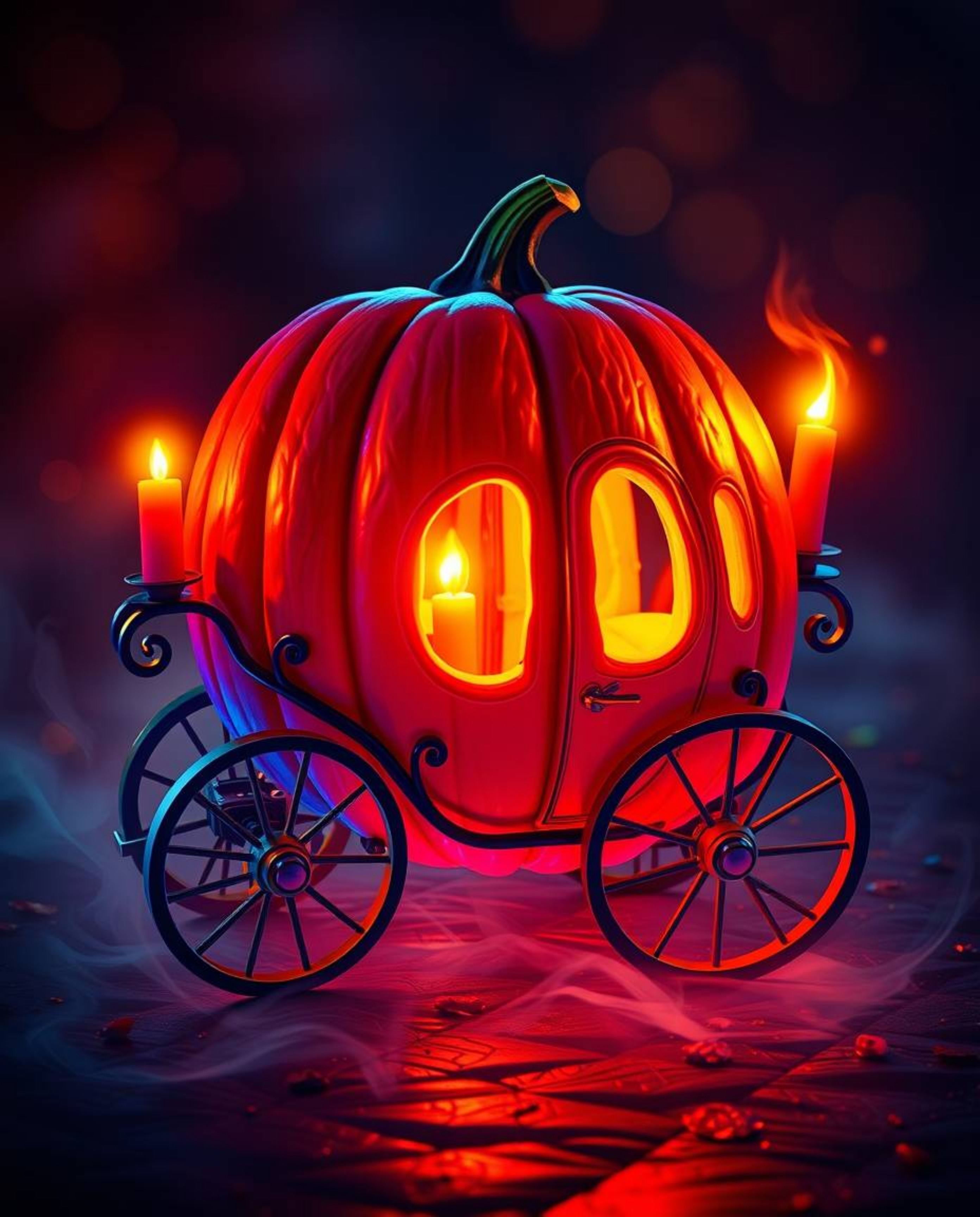 A magical pumpkin transforms into a stunning carriage bathed in the warm glow of candlelight, creating a vibrant and enchanti