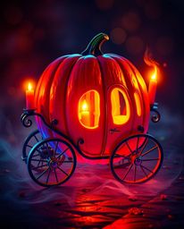 A magical pumpkin transforms into a stunning carriage bathed in the warm glow of candlelight, creating a vibrant and enchanti