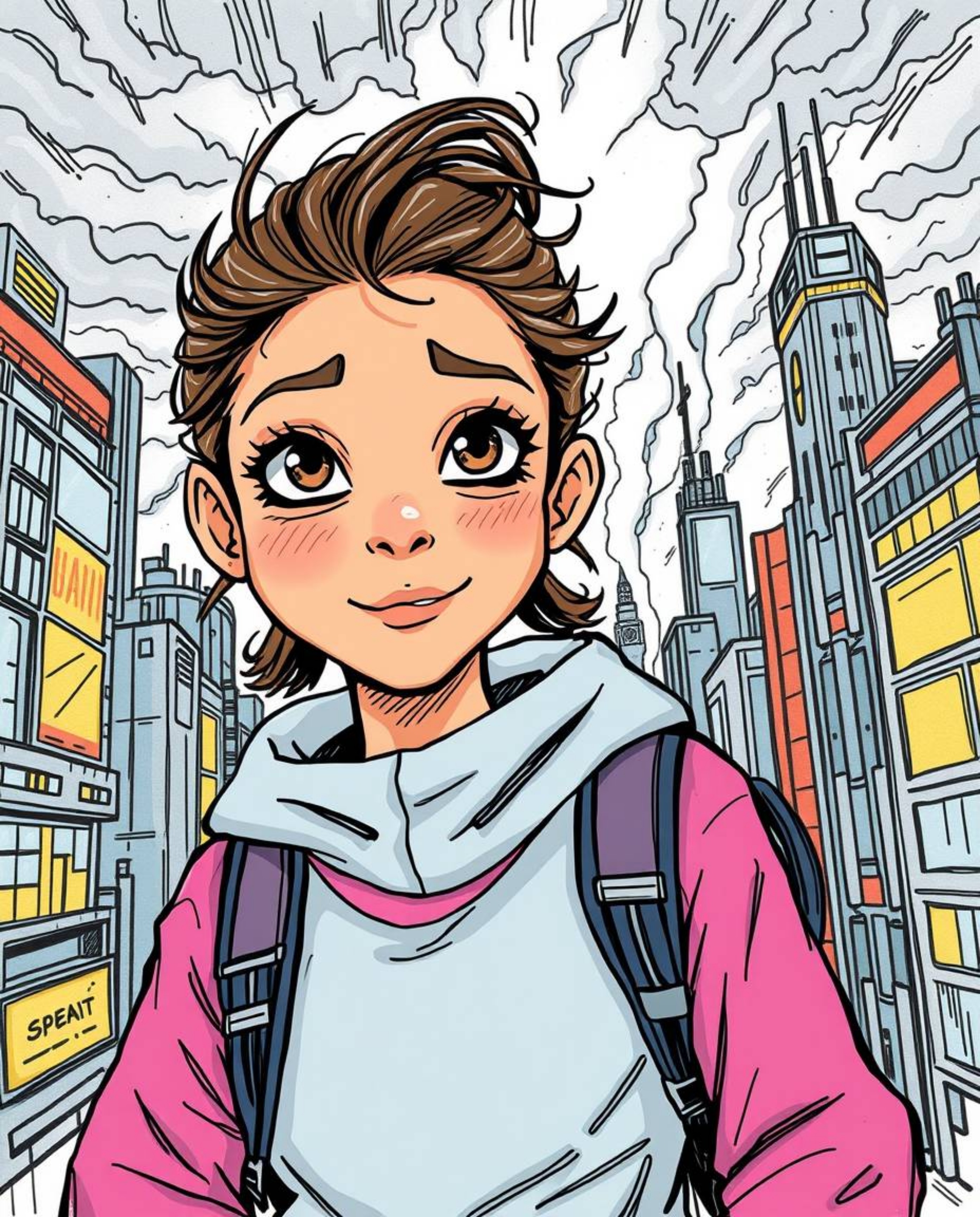 A vibrant hand-drawn illustration in a color sketchnote style depicts a young, light brown-skinned inventor girl with playful