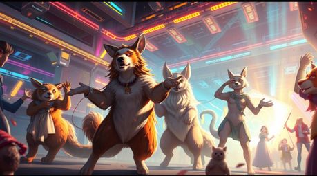 Experience an epic Isekai anime-inspired digital painting showcasing a vibrant animal dance party. Bathed in bright, lens-glo