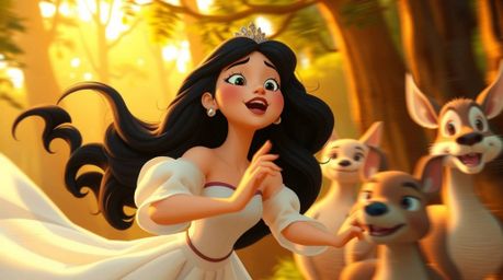 A captivating scene unfolds with a princess, her raven black hair gleaming in the warm golden hour light, singing to a gather