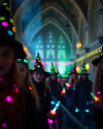 Immerse yourself in a magical school teeming with young wizards, bathed in glowing bioluminescent colors and a beautifully bl