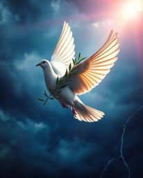 A dove carries an olive branch through turbulent, stormy skies, rendered in rich burgundy and deep blue hues accentuated by a