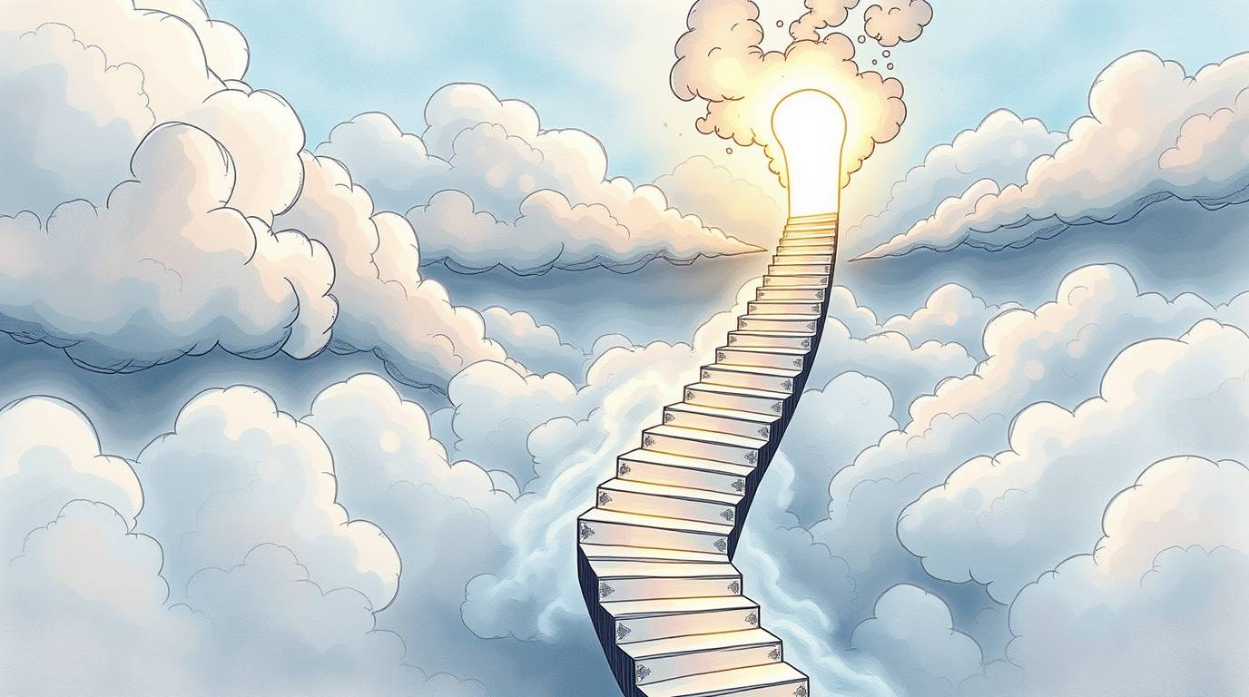 This hand-drawn sketchnote in a charming color palette depicts a winding stairway crafted from ethereal smoke and radiant lig
