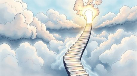 This hand-drawn sketchnote in a charming color palette depicts a winding stairway crafted from ethereal smoke and radiant lig