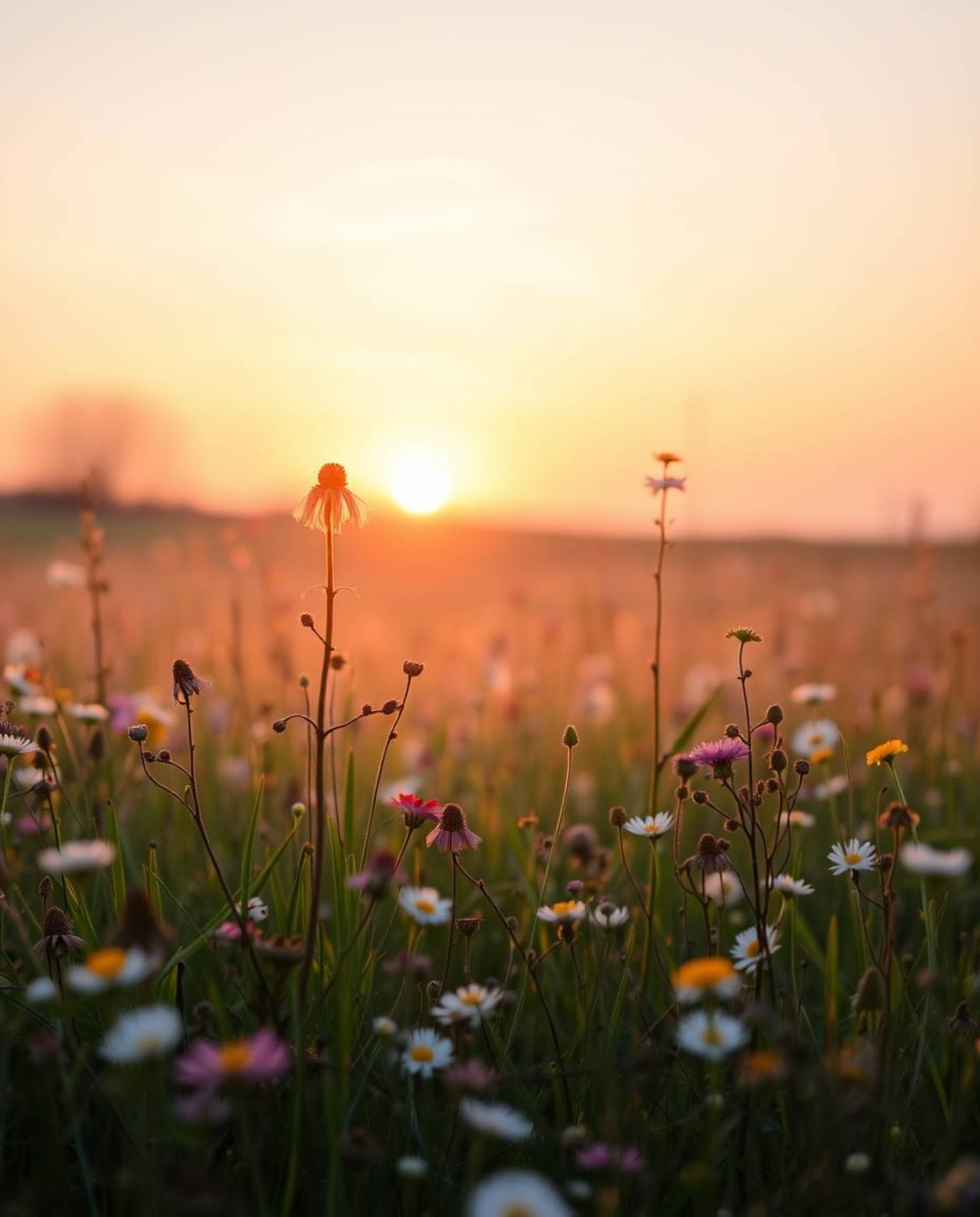 An adorable and charming depiction of a spring wildflower meadow at sunset. The scene is illuminated by the soft, warm glow o