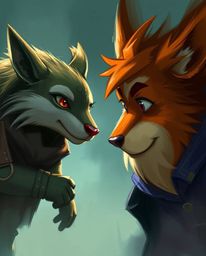 A dynamic digital sketch showcasing a talking animal sidekick aiding a hero on a misty journey, rendered in complementary epi