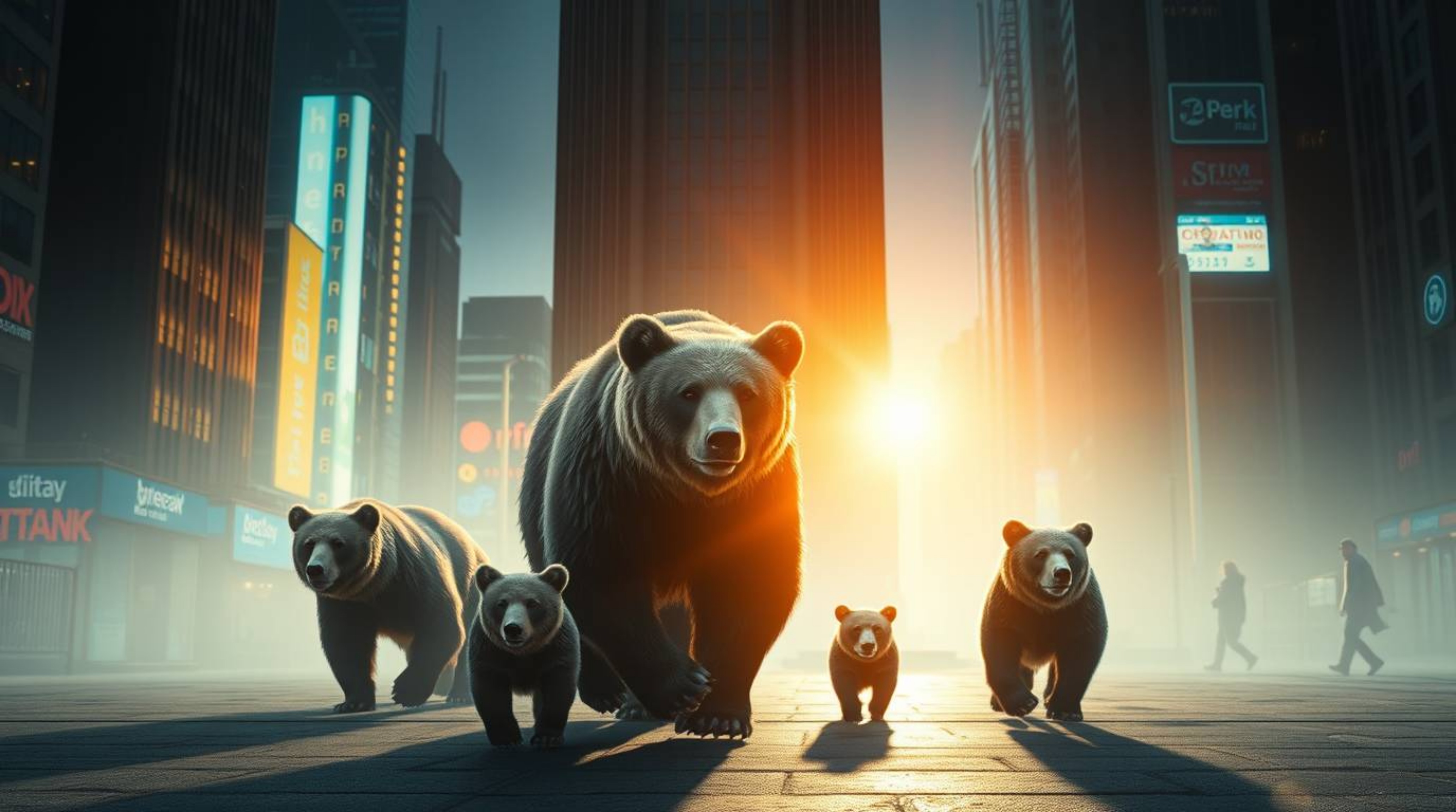 Witness a majestic bear family embarking on an unforgettable urban adventure.  This breathtaking scene is bathed in a futuris
