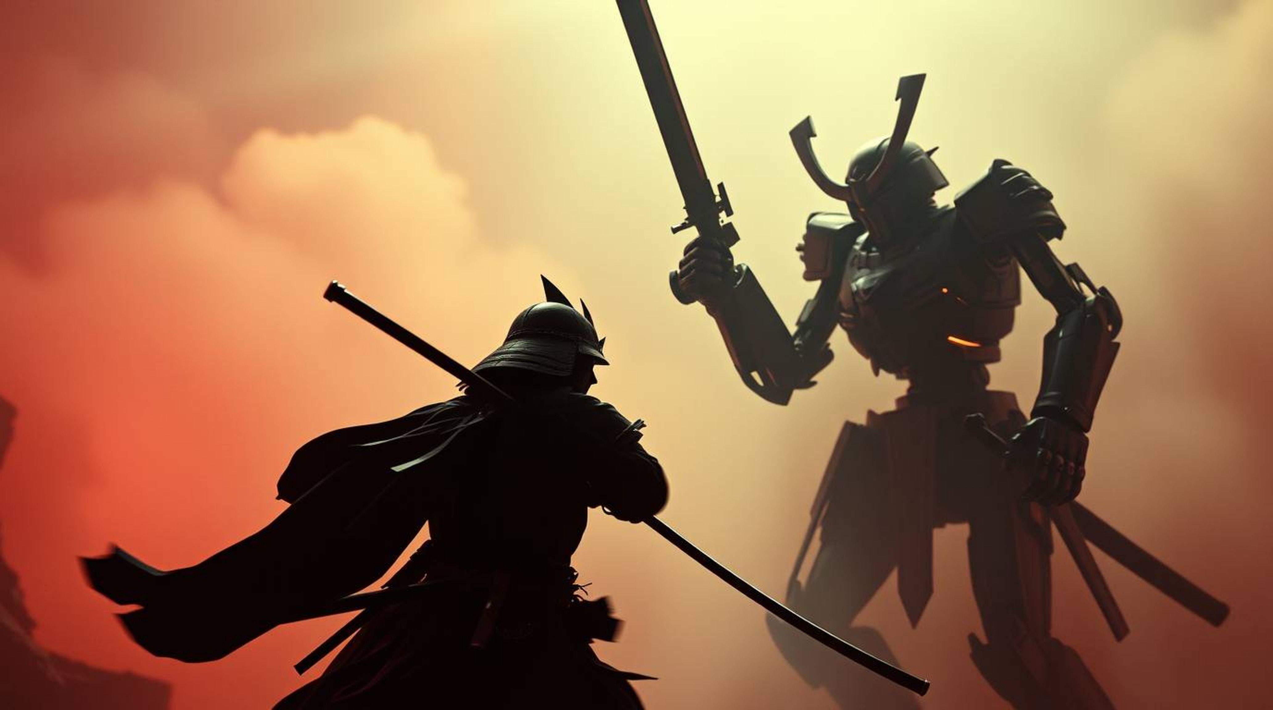 A captivating image depicting a surreal battle between a samurai and a robot in a dystopian world.  The scene is bathed in hi