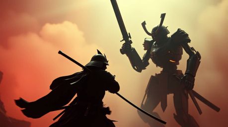 A captivating image depicting a surreal battle between a samurai and a robot in a dystopian world.  The scene is bathed in hi