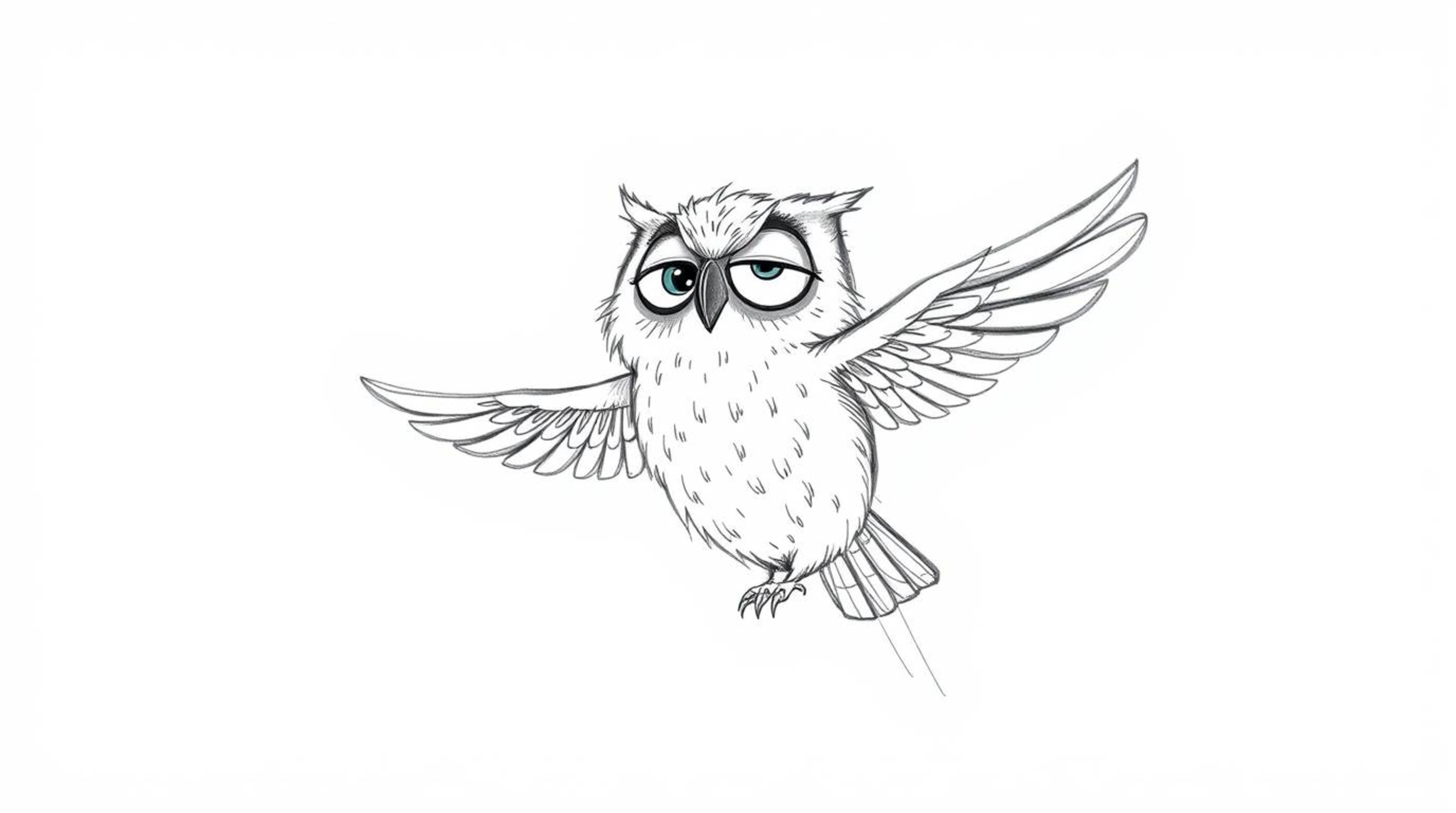 A heartwarming hand-drawn sketch in the style of Pixar depicts a blind owl gently teaching birds to fly.  Expressive eyes and