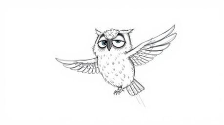 A heartwarming hand-drawn sketch in the style of Pixar depicts a blind owl gently teaching birds to fly.  Expressive eyes and