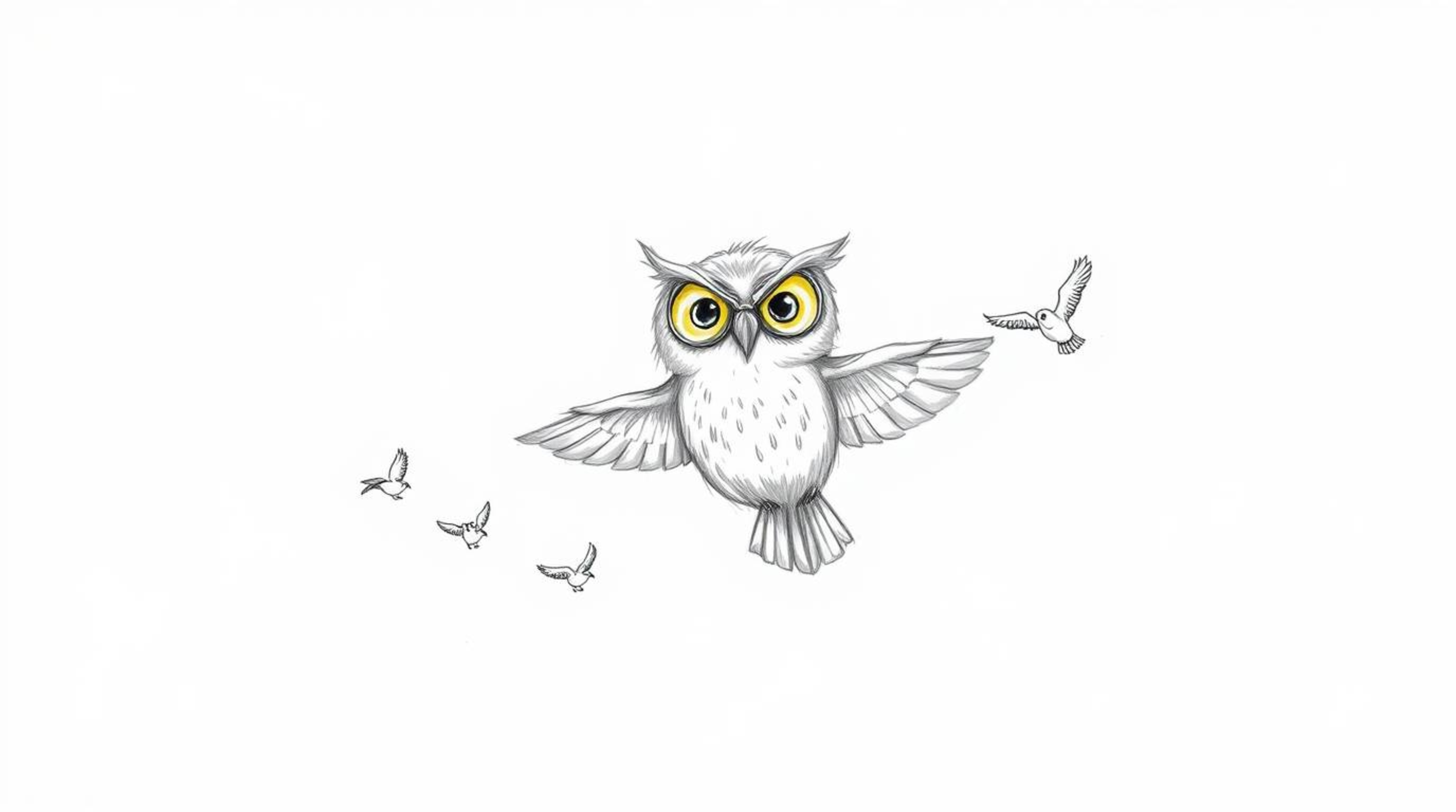 A heartwarming hand-drawn sketch in the style of Pixar depicts a blind owl with a wise expression guiding several small birds