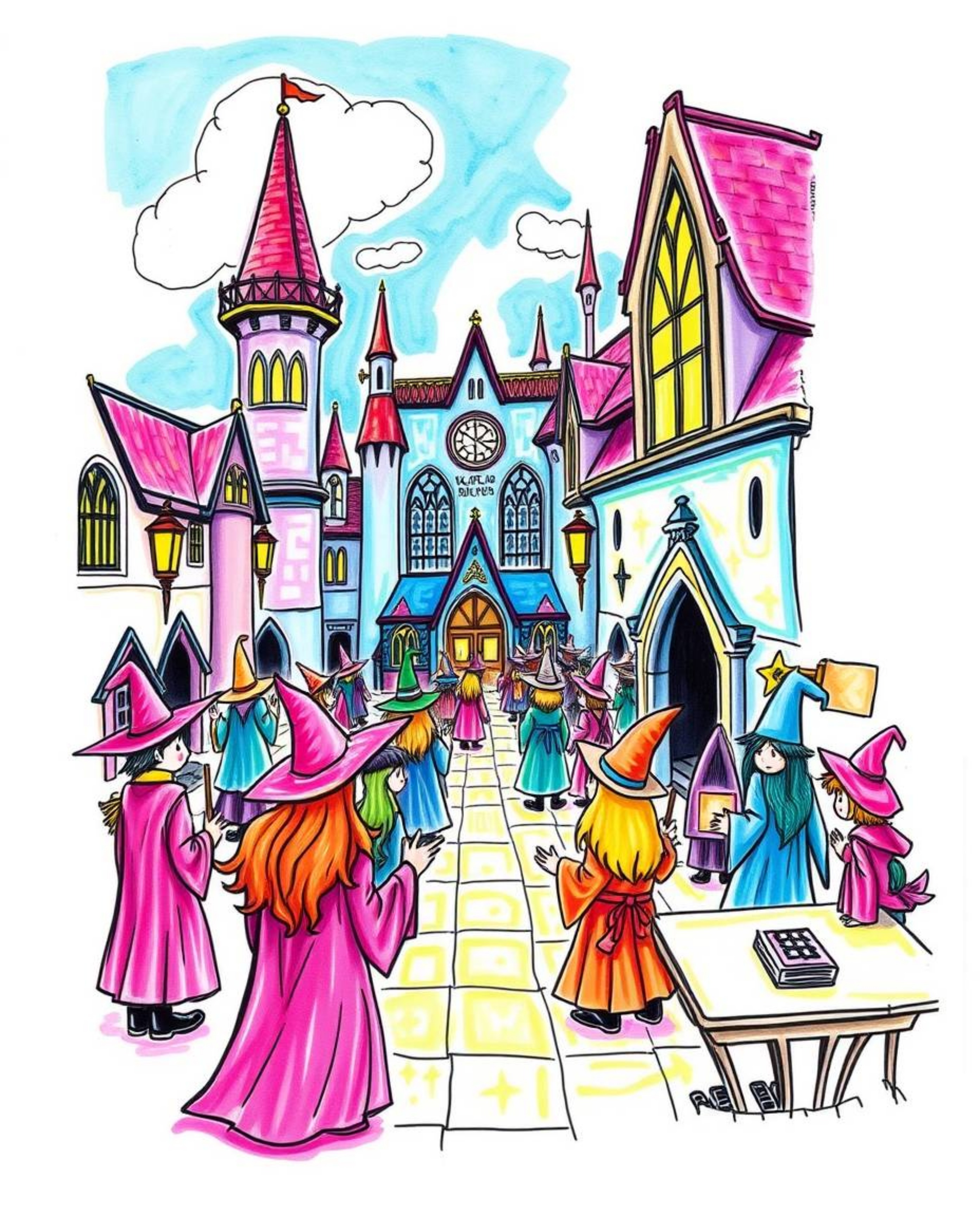 A vibrant, hand-drawn sketchnote depicts a magical school brimming with young wizards. The illustration utilizes electric co