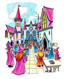 A vibrant, hand-drawn sketchnote depicts a magical school brimming with young wizards. The illustration utilizes electric co