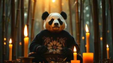 A captivating high-resolution stock photo depicts a serene martial artist panda deeply meditating within a tranquil bamboo fo