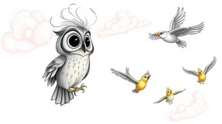 A heartwarming Pixar-inspired illustration featuring a blind owl with wispy feathers teaching a group of birds how to fly. Th