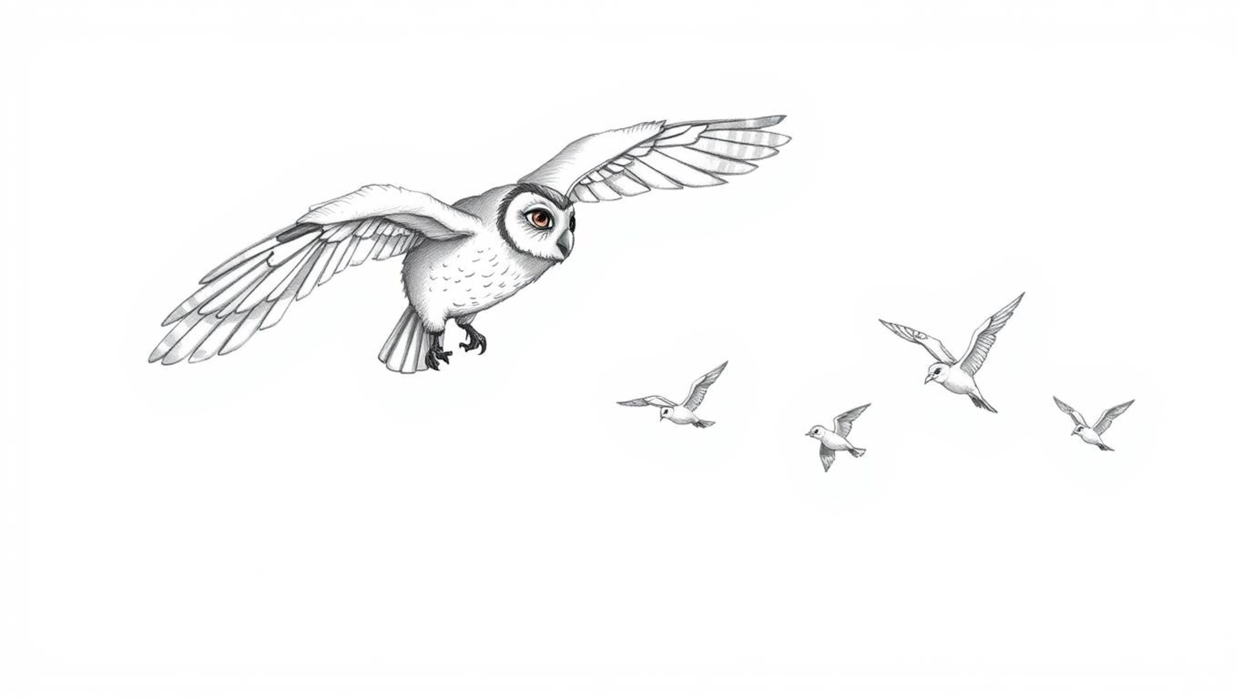 A hand-drawn sketch in Pixar style depicts a blind owl with textured pencil stroke feathers, leading a flock of small birds i