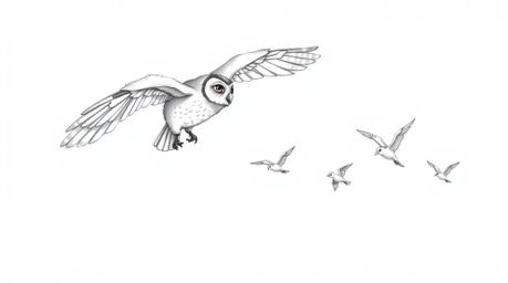 A hand-drawn sketch in Pixar style depicts a blind owl with textured pencil stroke feathers, leading a flock of small birds i