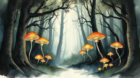 A delicate watercolor painting depicting a vintage-style enchanted forest filled with captivating glowing mushrooms.  The art
