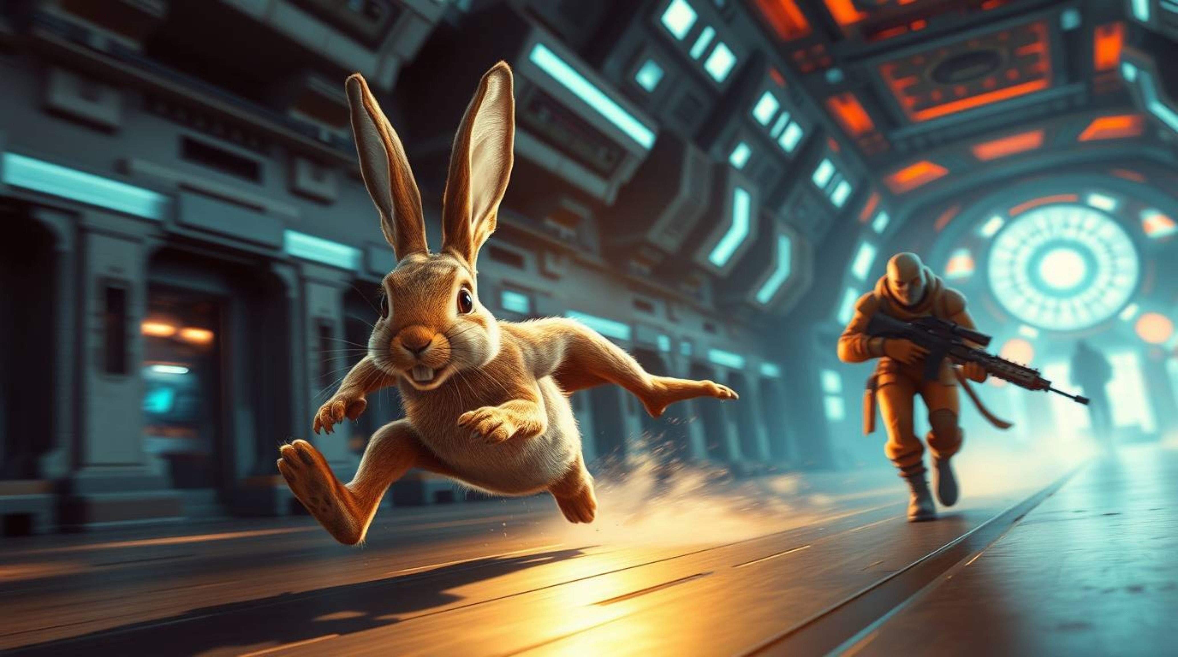 Witness a wacky rabbit in a grand, futuristic setting as it outruns a hunter with slapstick humor. The scene explodes with ep