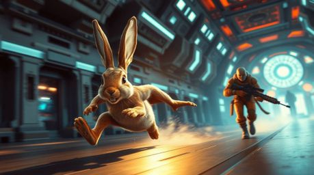 Witness a wacky rabbit in a grand, futuristic setting as it outruns a hunter with slapstick humor. The scene explodes with ep