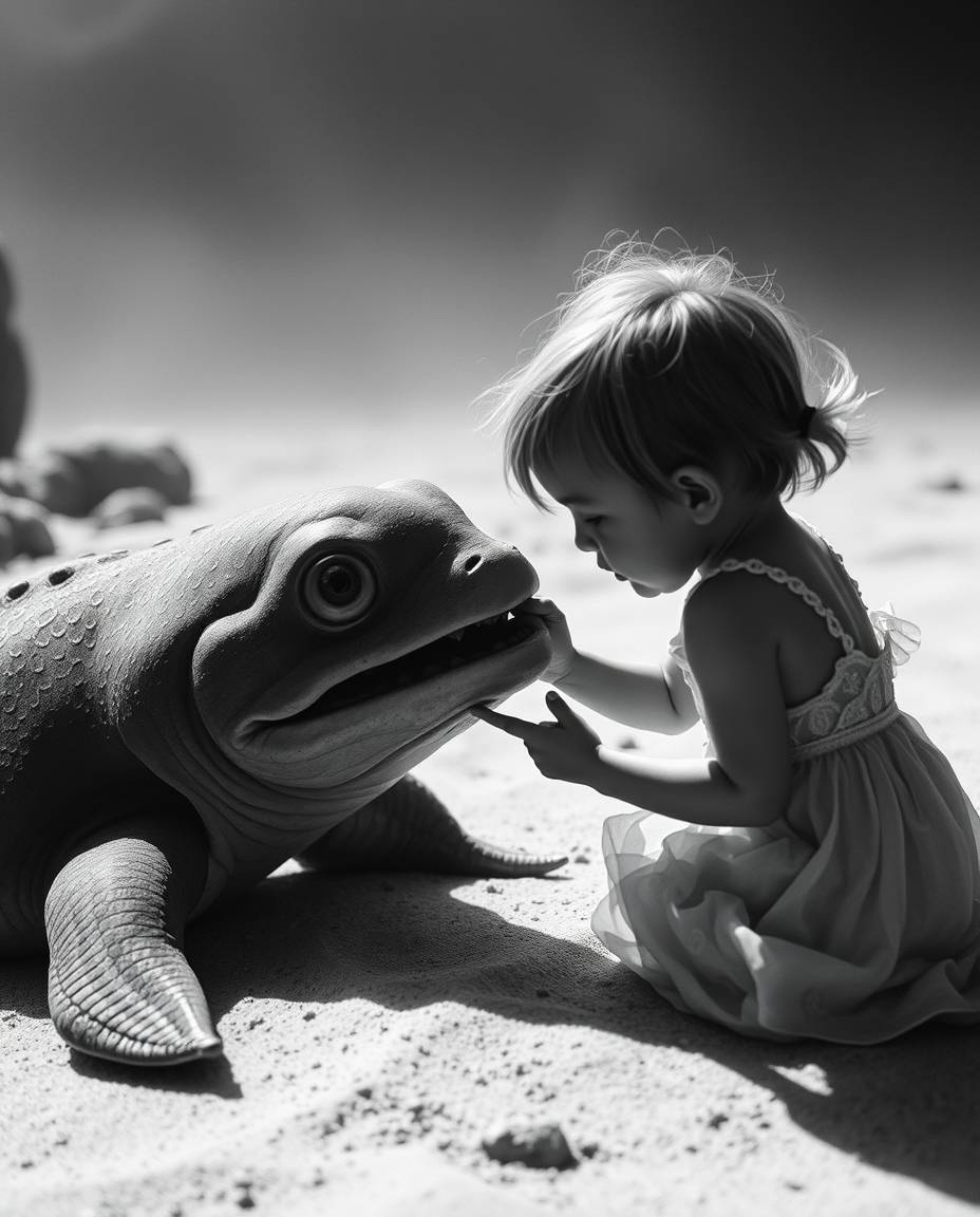 A captivating black and white cinematic scene depicts an unlikely friendship between a sea creature and a human child. Employ