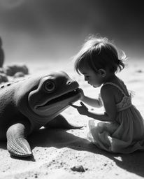 A captivating black and white cinematic scene depicts an unlikely friendship between a sea creature and a human child. Employ